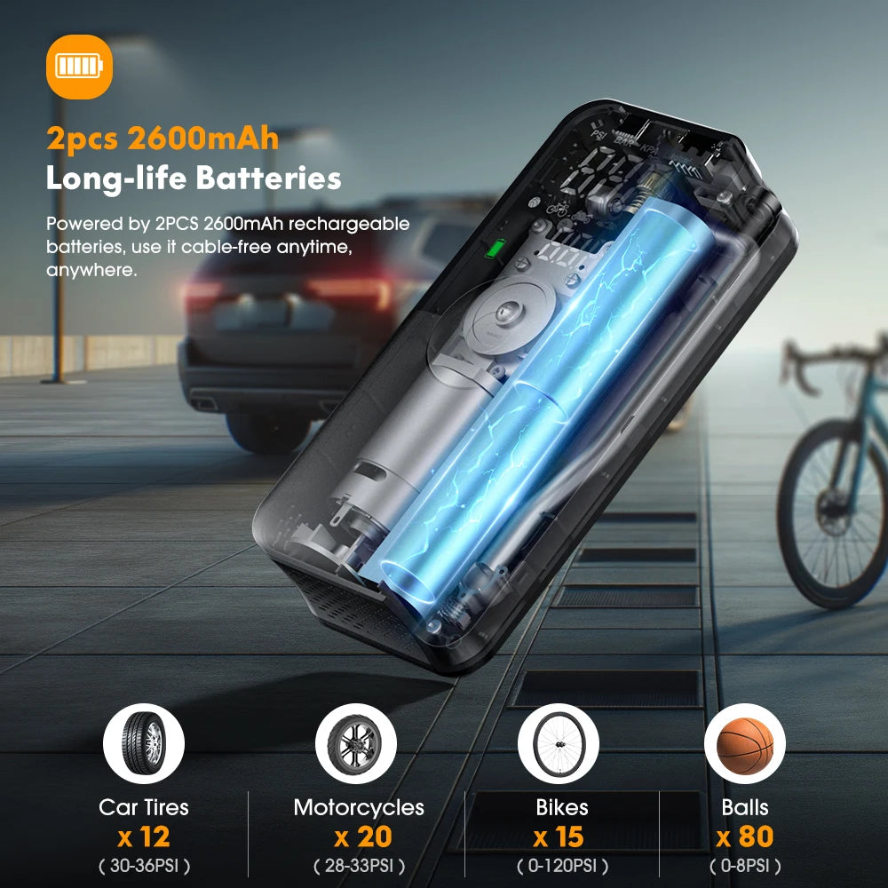 CARSUN Portable Wireless Car Tire Pump for Motorcycles and Bicycles